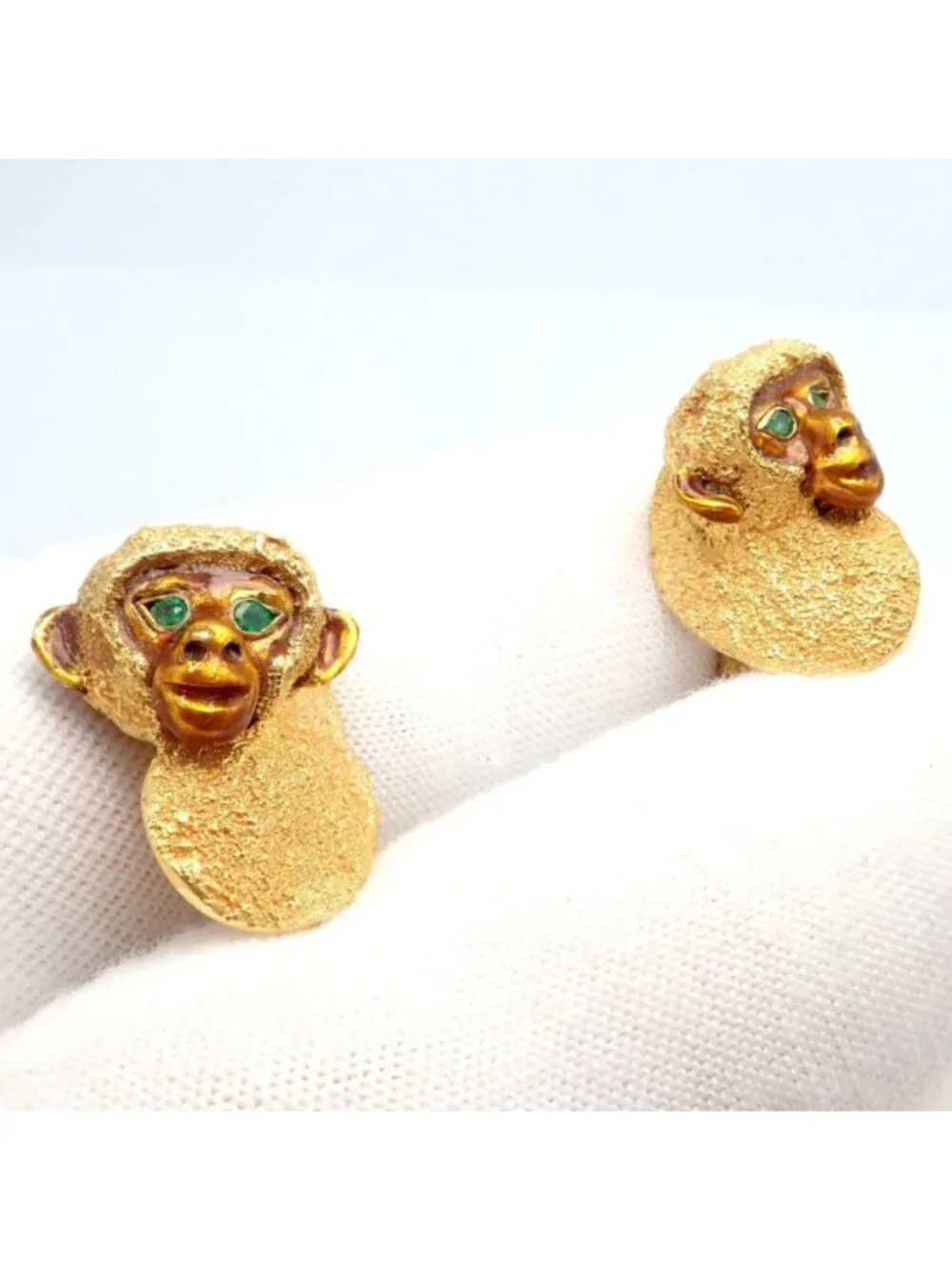 Vintage Tiffany & Co. 18k Yellow Gold Emerald Enamel Monkey Cufflinks 1991